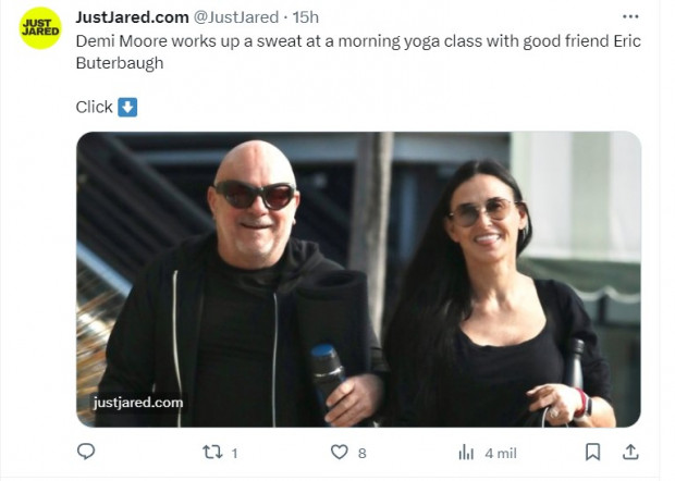 Demi Moore, fotografiada en tenida deportiva luego de una clase de yoga / Captura twitter.com/JustJared