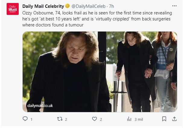 Ozzy Osbourne volvió a ser fotografiado en un muy frágil estado / Captura twitter.com/DailyMailCeleb
