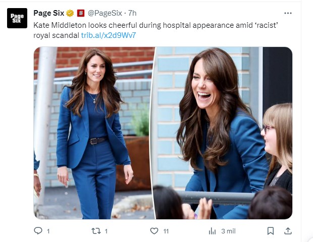 Kate Middleton, fotografiada radiante tras escándalo por racismo que la salpica / twitter.com/PageSix
