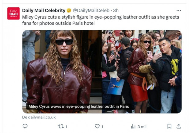 Miley Cyrus impacts on this leather set in Paris / capture x.com/dailymailceb