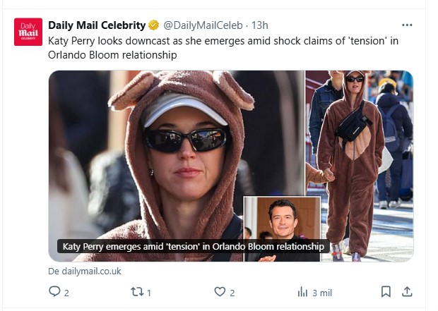 Katy Perry, photographed with the sad face: rumors talk about crisis in their relationship with Orlando Bloom / capture x.com/dailymailceb