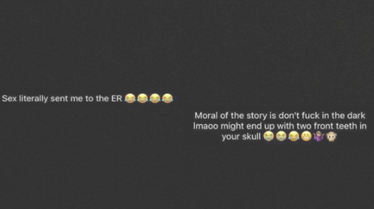 A través de Snapchat la mujer explicó cómo llegaron al hospital. Foto: Snapchat.