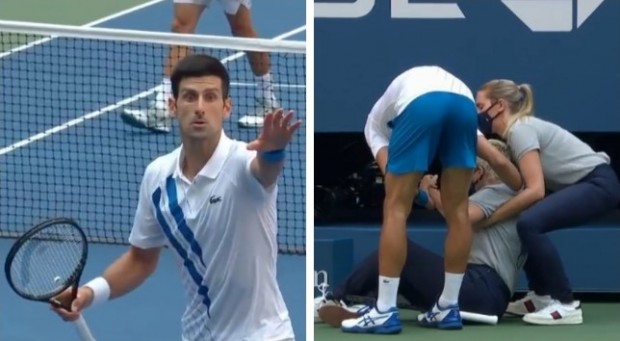 El momento en el que Djokovic le pide disculpas por pegarle un pelotazo a una jueza de línea, quien es atendida por los médicos / www.marca.com