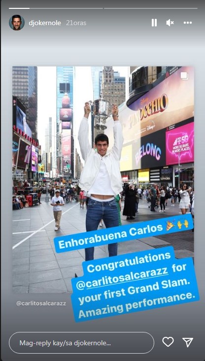 El ex número 1 se sumó a otros tenistas y también felicitó a Carlos Alcaraz / www.instagram.com/djokernole